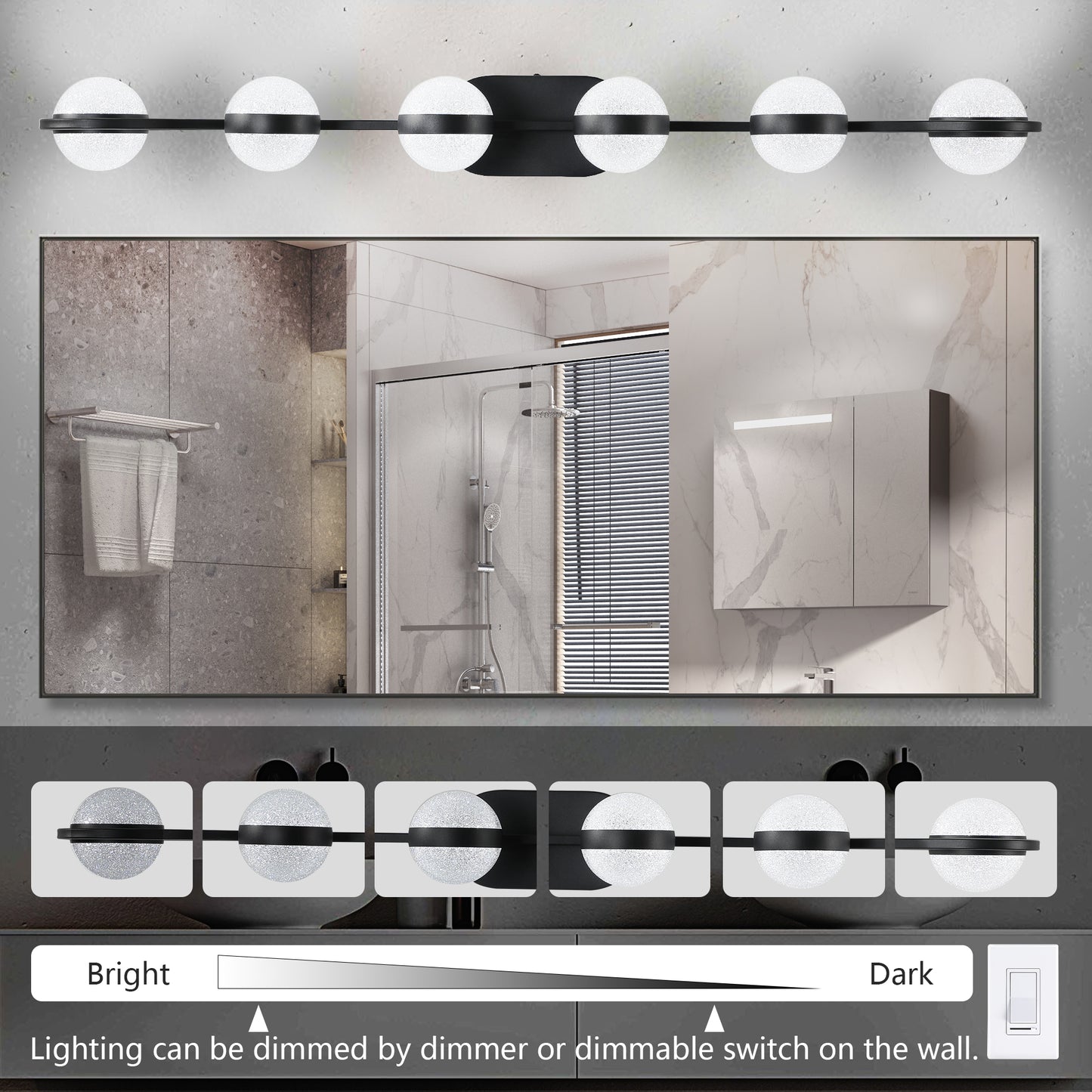 43in Black Minimalist LED Bathroom Vanity Light With Crystal Sand Acrylic Shades,6-Light Wall Mounted Decorative Lighting Fixture, Suitable For Bathroom Vanity Mirror