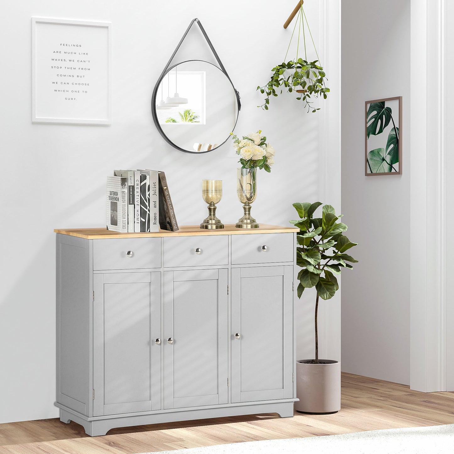 Kitchen Storage Cabinet, Sideboard Floor Cupboard With Solid Wood Top, Adjustable Shelf, And 3 Drawers, Gray