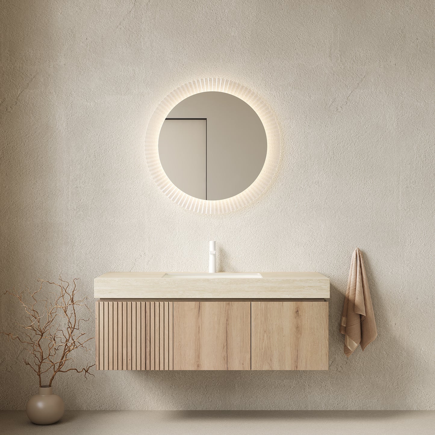 MURI 48 Bathroom Vanity&Sink, Floating Plywood Storage Cabinet With Drawer&Doors, Roma Travertine Sintered Stone Top&Ceramic Basin With 1 Pre-drilled Faucet Hole, Pre-assembled, White Oak Woodgrain