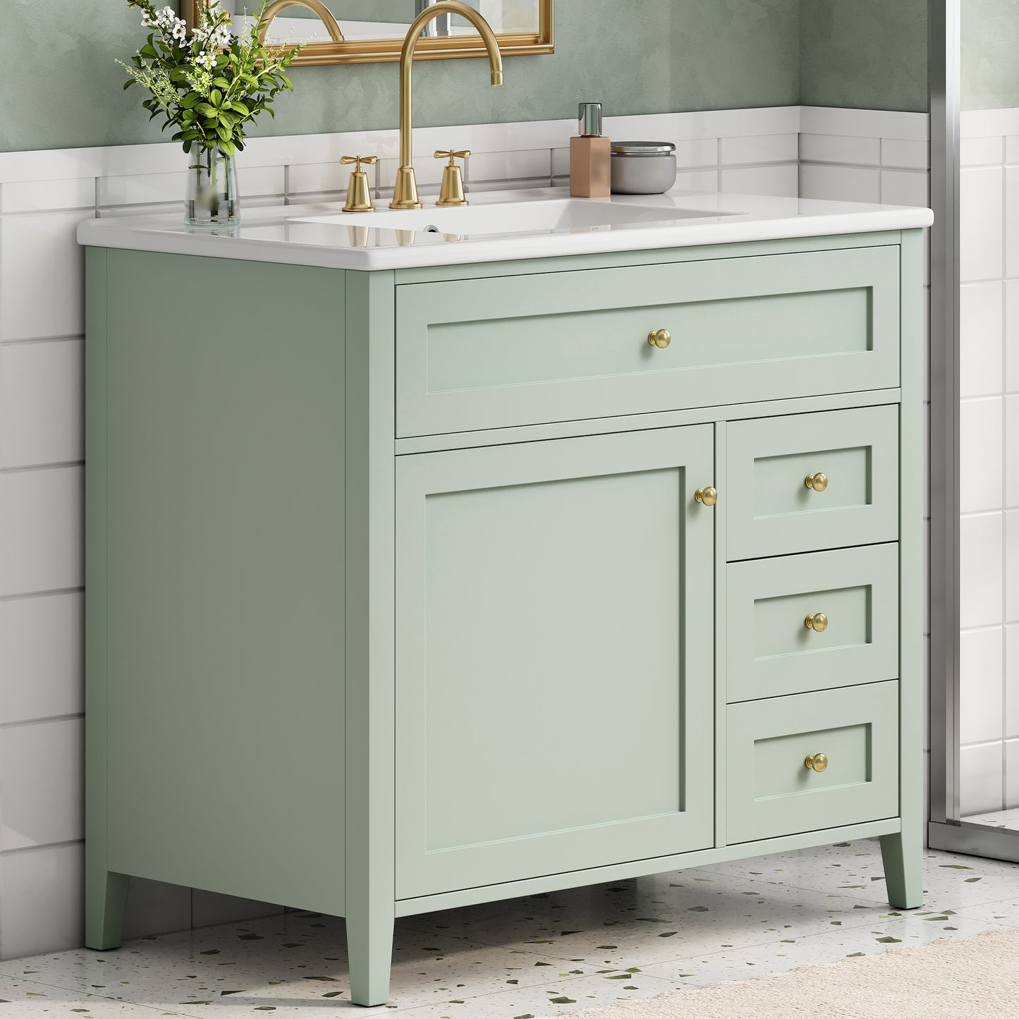 36-Inch Green Bathroom Vanity With Sink, Modern MDF And Rubberwood Cabinet With 3 Drawers And Adjustable Shelf, Freestanding Vanity For Bathroom Storage And Organization Left Door