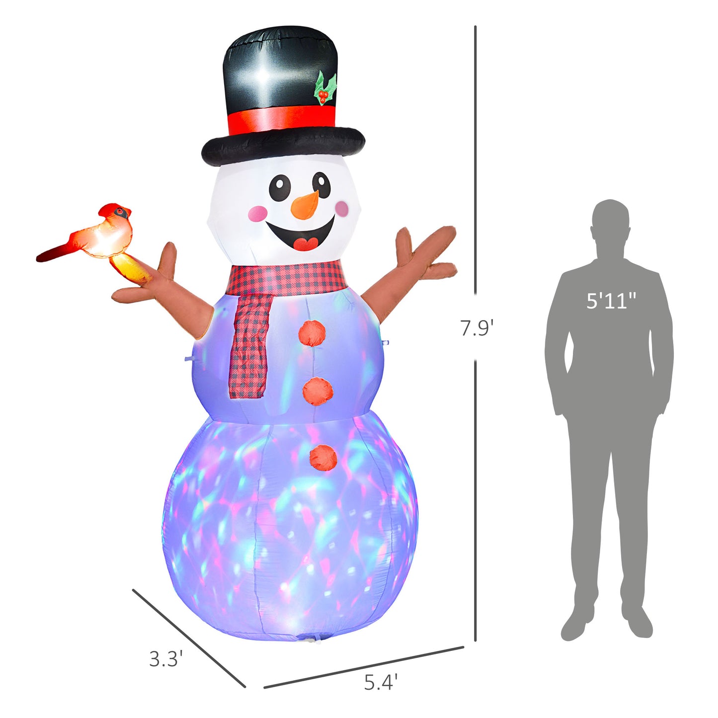 7.9' Inflatable Branch Hand Snowman W/ Rotating Colorful LED Light, Blow-Up Outdoor Display For Party