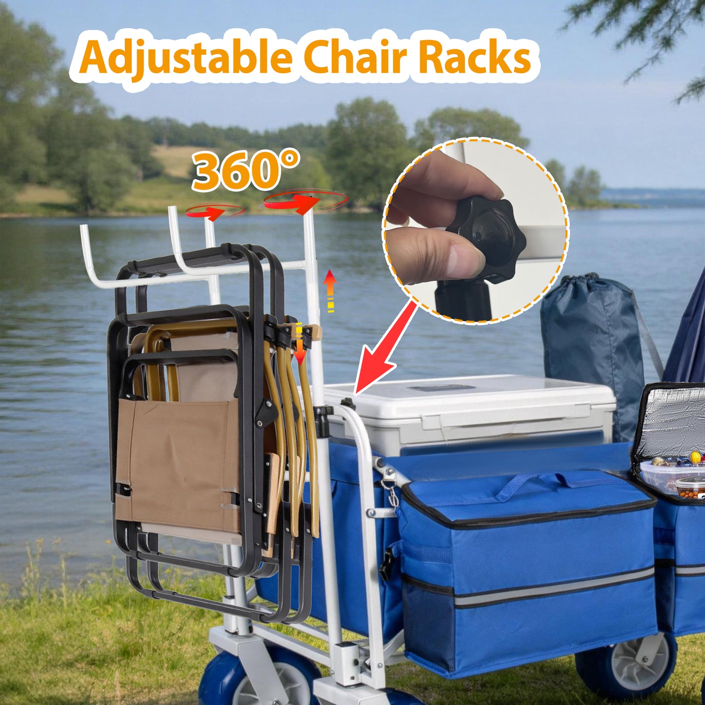 Beach Wagon Cart With Chair Racks And 9  All- Terrain Wheels  500lbs Heavy Duty Collapsible Folding Wagon  Adjustable Handle  Cooler & Storage Bags For Beach  Camping  Garden & Outdoor Sports  Blue