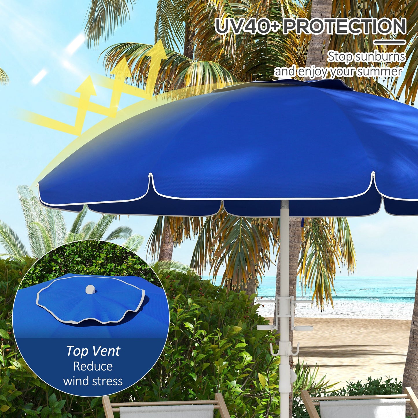 5.7' Beach Umbrella For Travel With Tilt, Adjustable Height, 2 Cup Holders, Hooks, Vent, Ruffles, Sapphire Blue
