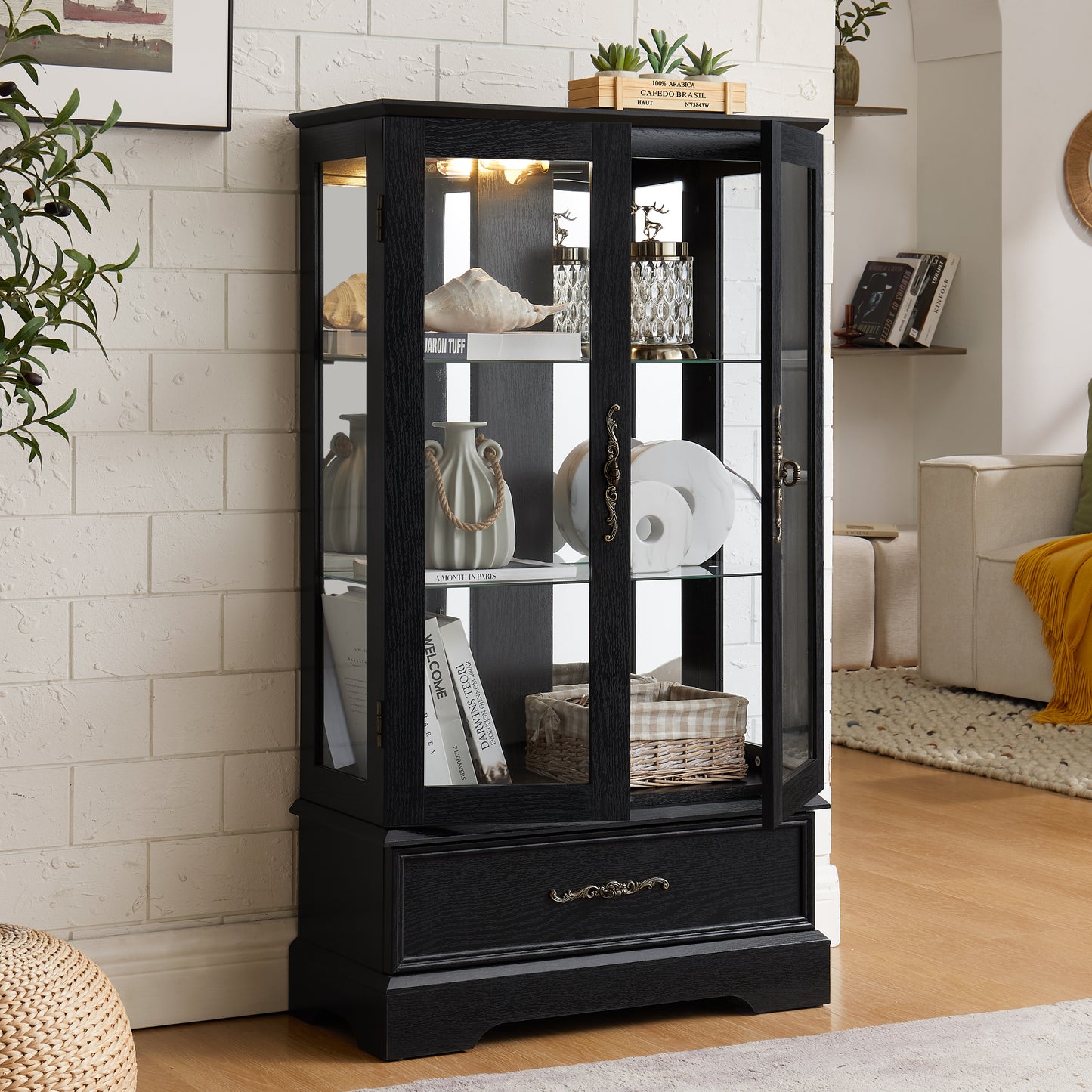 Lighted Glass Curio Cabinet With Adjustable Shelves - Elegant 2-Door Display Cabinet & Built-in Drawer, Includes Bulb - BLACK