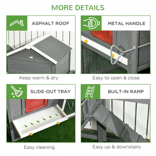 Extra Large Chicken Coop With Asphalt Roof, Wooden Hen Run With Slide-Out Tray And Nesting Box, Chicken Hutch For 3-6 Chickens, Gray
