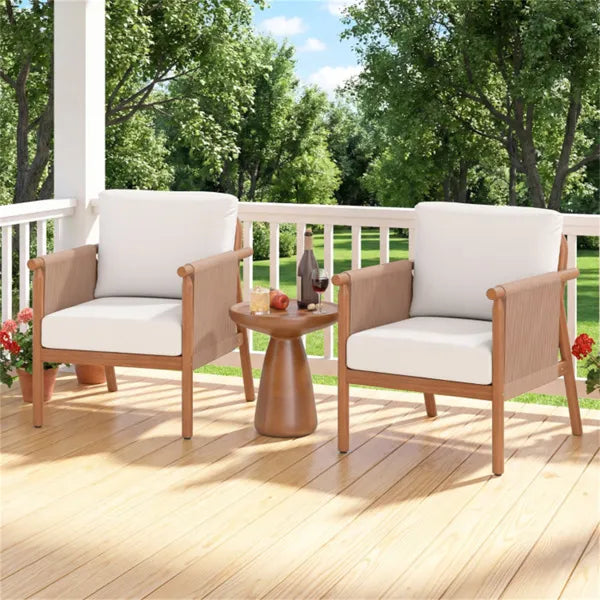 White Boho Patio Acacia Wood Chair With Woven Rope Armrests, Cushioned Outdoor Accent Chair For Porch Balcony