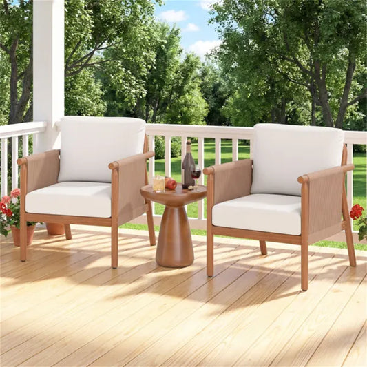 White Boho Patio Acacia Wood Chair With Woven Rope Armrests, Cushioned Outdoor Accent Chair For Porch Balcony