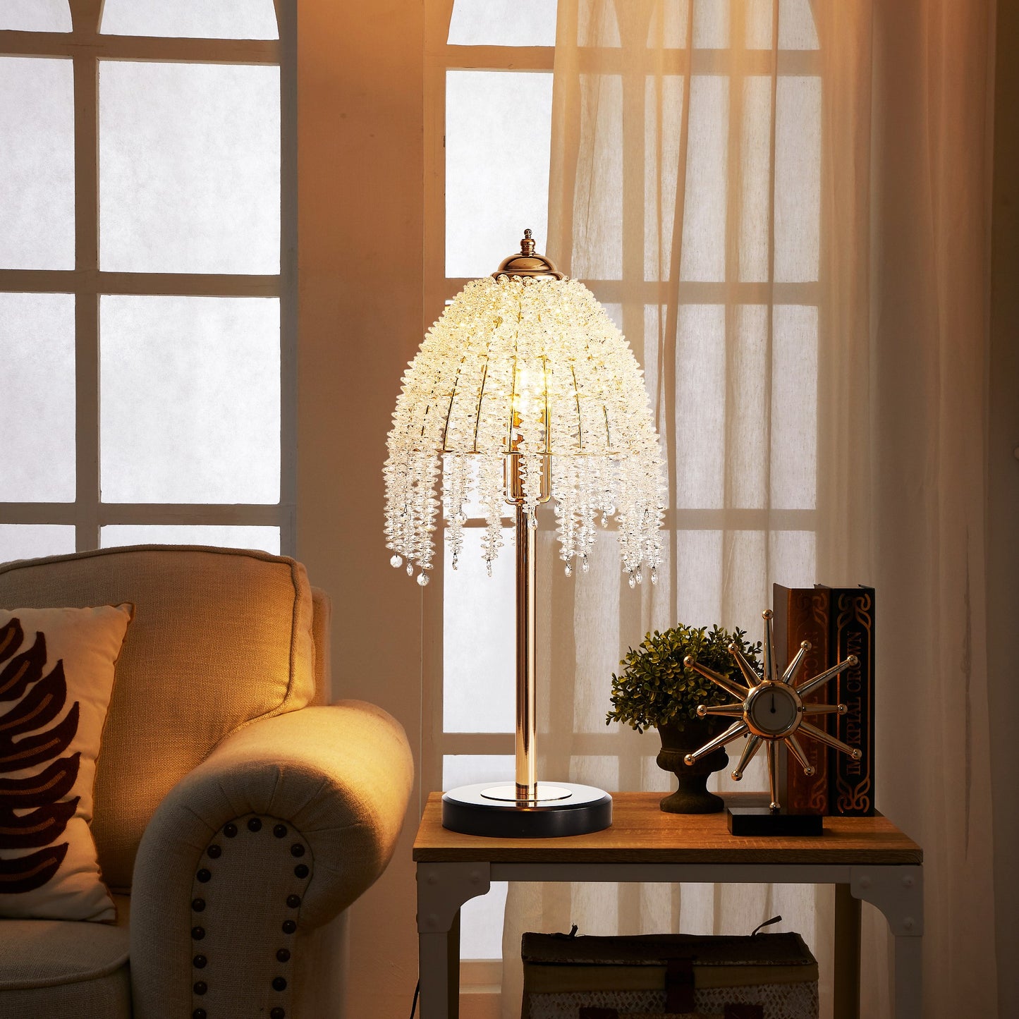 19 H Elegant Crystal Table Lamp   Vintage Waterfall Design With Crystal Bead String Shades And Marble Textured Base For Living Room, Bedroom, Or Office  Bulb Not Included