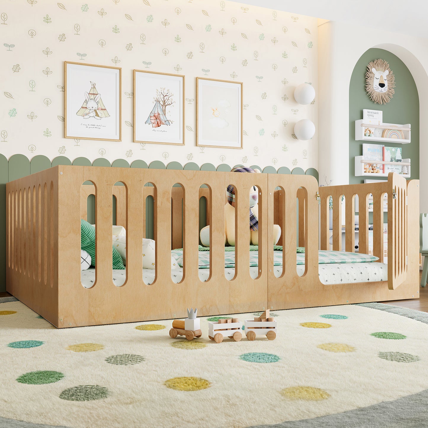 Full Size Floor Bed With High Fence For Kids, Solid Wood Kids Montessori Bed With Door, Low-profile And No Box Spring Needed Design, Natural.Patent Protection