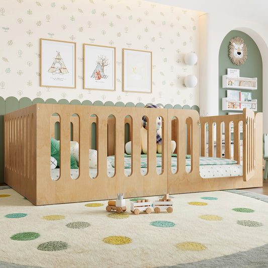 Full Size Floor Bed With High Fence For Kids, Solid Wood Kids Montessori Bed With Door, Low-profile And No Box Spring Needed Design, Natural.Patent Protection