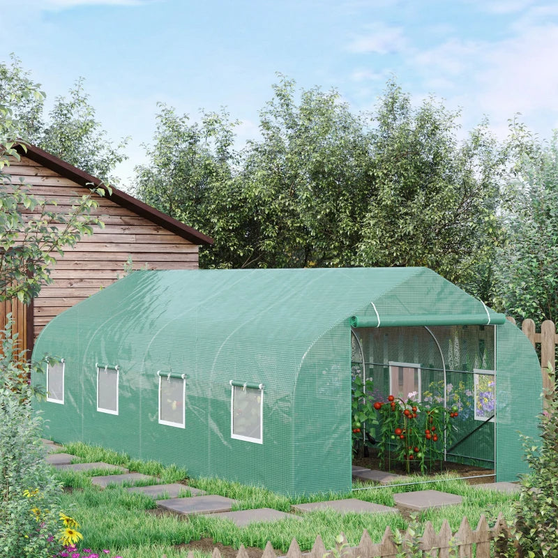 Outdoor Walk-in Greenhouse, Tunnel Green House With Roll-up Windows, Zippered Door, PE Cover, Heavy Duty Steel Frame, Green