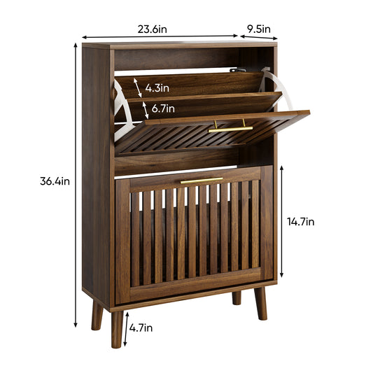 23.6-inch Walnut Shoe Cabinet, Medieval Modern Independent Shoe Cabinet, Fence Shoe Cabinet With 2 Flip Drawers, Suitable For Corridors And Entrances