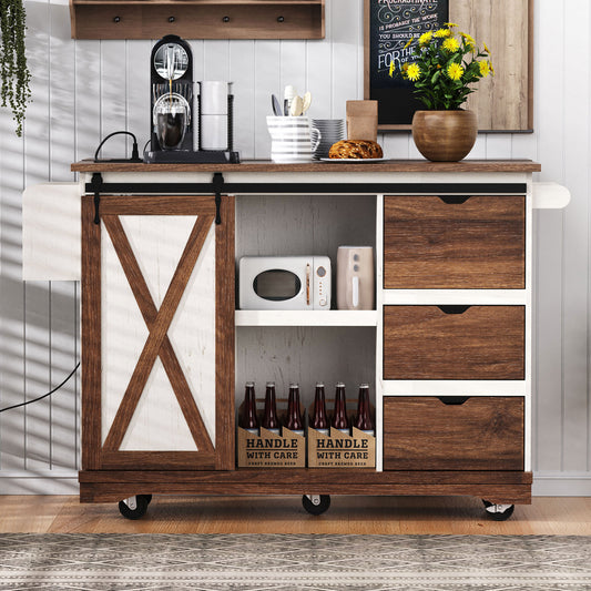 K&K 55.5  Farmhouse Kitchen Island With Drop Leaf, Kitchen Storage Island With Barn Door, Power Outlet, Rolling Kitchen Cart On Wheels With Spice Rack, For Home, Kitchen, Dining Room, White