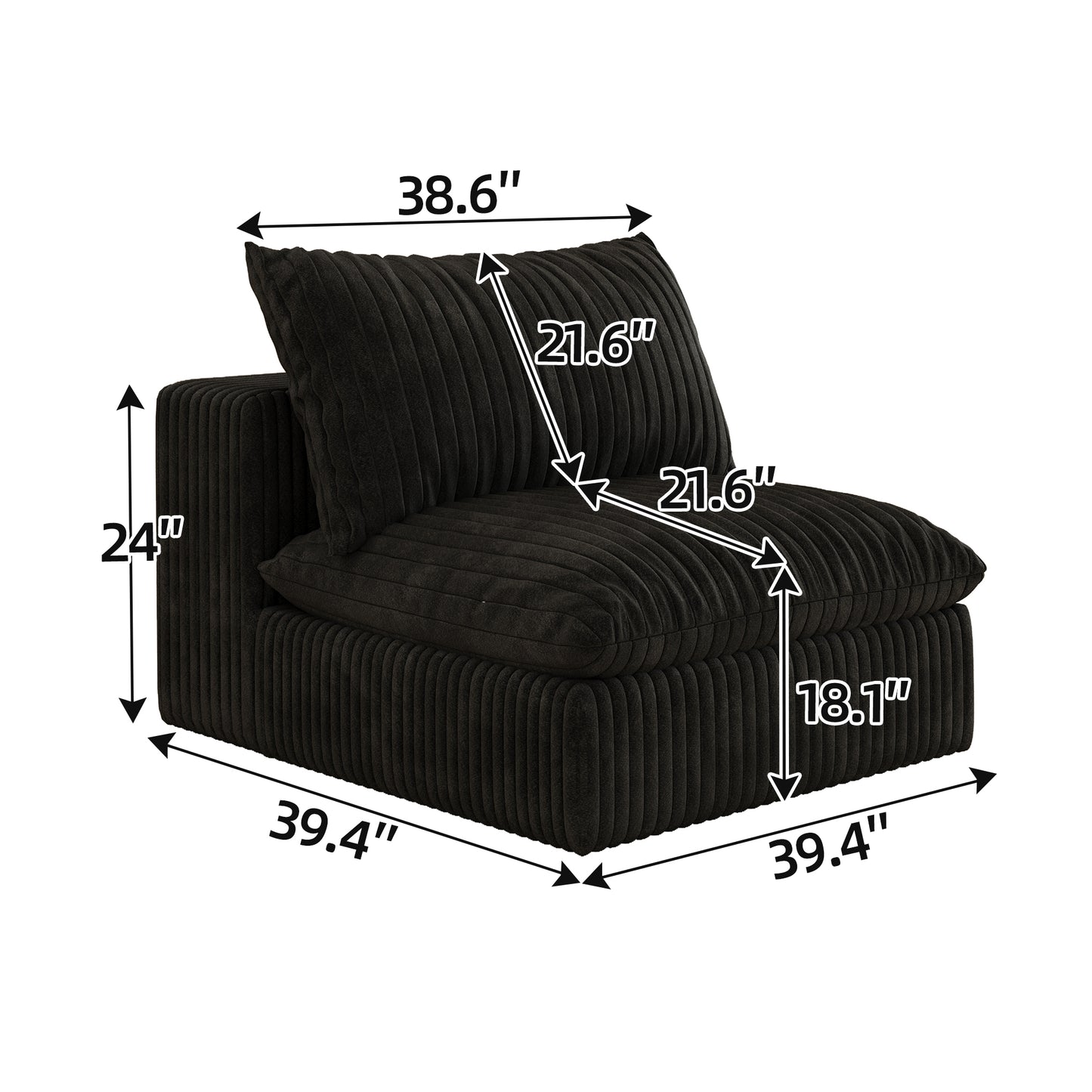 Cloud Sofa,Corduroy Fabric,Deep Seat Couches,Double-layer Design,Removable Cushion,No Assembly, DIY Combination For Living Room, Bedroom,Conference Room ,Apartment,Black