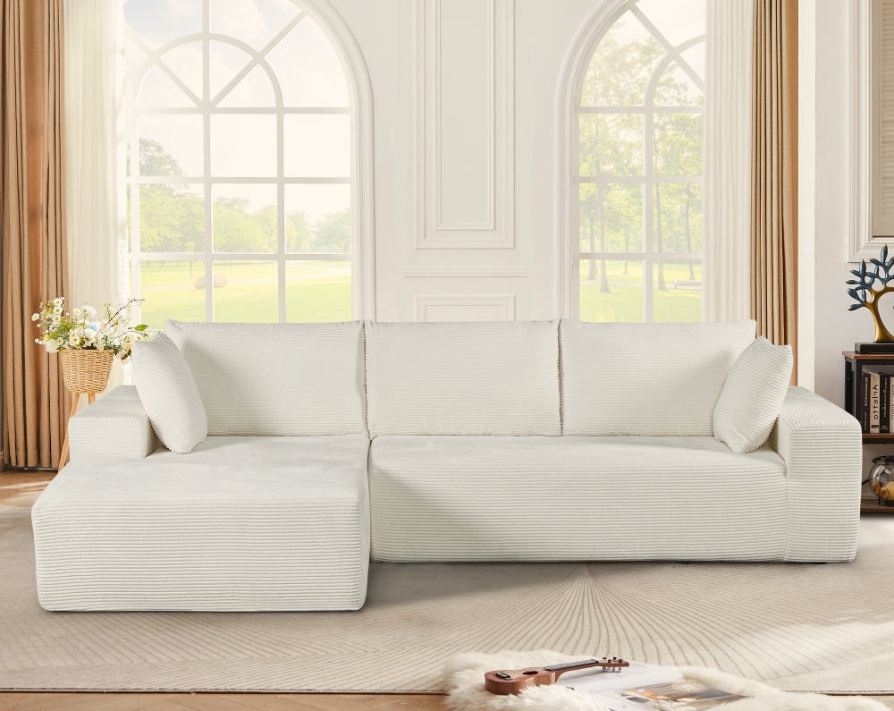 CozyForm Convertible Sectional Sofa In Soft Corduroy, Modern Comfy Couch With Full Foam Cushioning, Cozy Sleeper Sectional For Living Room, Bedroom, No Assembly Required, Ivory -Left Facing