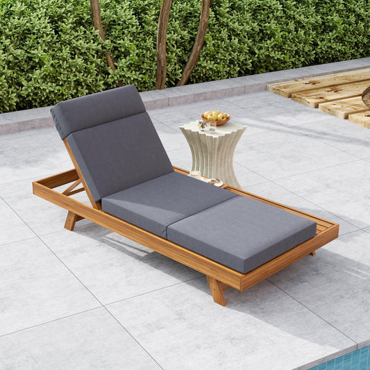 LOUNGE CHAISE SET WITH HEADREST,SPACE AVAILABLE ON ONE SIDE, ACACIA WOOD WITH WATER-RESISTANT LOUNGE CUSHIONS  DARK GREY & 3-FOLD & 4 Inch  - MATCHING CREAM BEIGE VERSION AVAILABLE