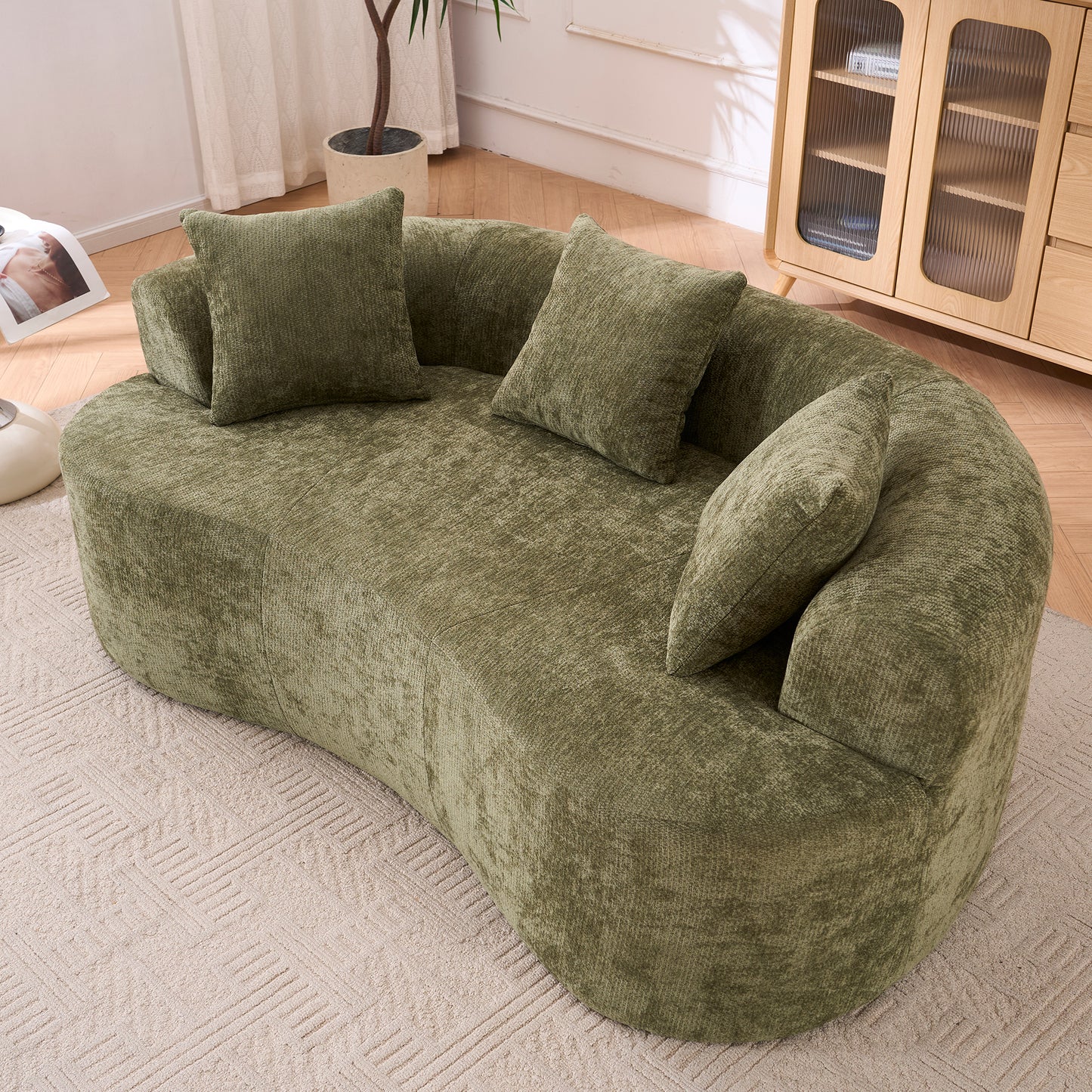 Crescent-shaped Sofa, Modern Low-back Design With Deep Cushions, Self-inflating Foam-filled Large Two-seater Sofa Requiring No Assembly.  Green Chenille Fabric
