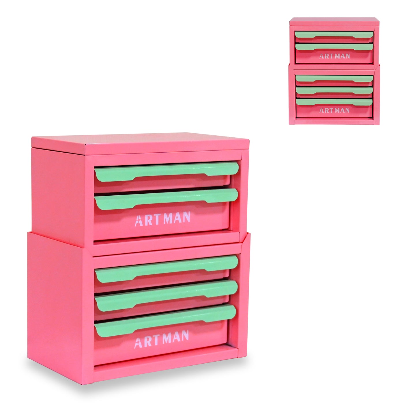 Drawer-style Desktop Storage Box, Office Workstation Organizing Magic Tool, Desk Stationery Storage Rack, Cosmetic Storage Cabinet--Pink-green Colo