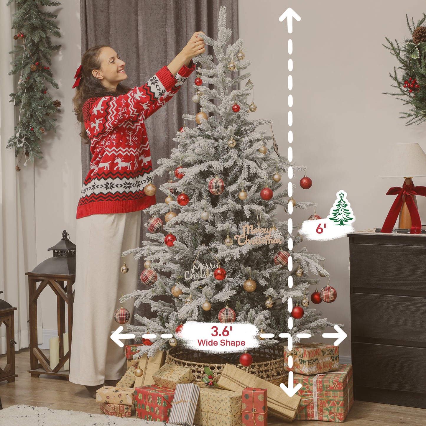 6 Ft Artificial Frosted Christmas Tree With Realistic Branches, Wide Full Spruce, Hinged Xmas Tree, Easy Assembly
