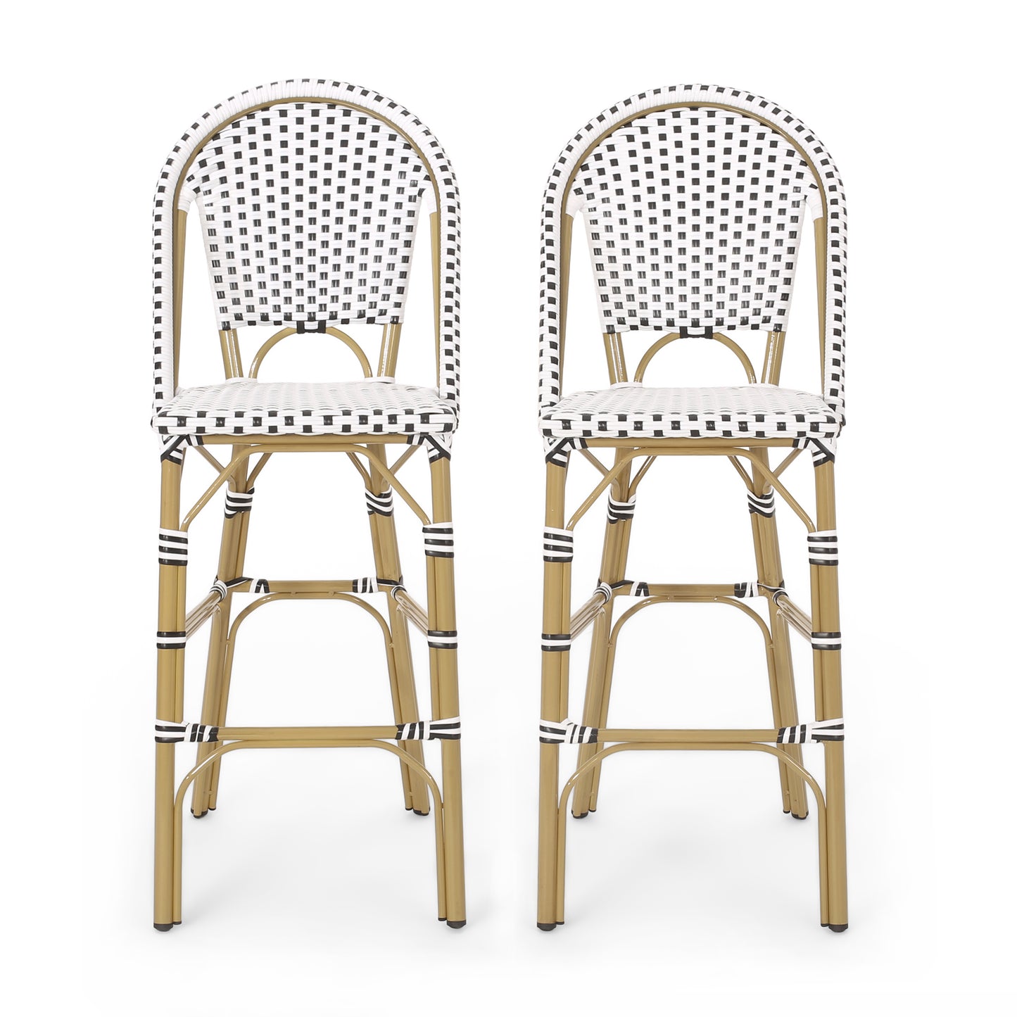 29.5 Outdoor PE Rattan French Barstool, White And Black, Aluminum Frame With Bamboo Finish Set Of 2