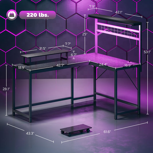 61.6" L Shaped Gaming Desk With Power Outlets & LED Lights, Computer Desk With Monitor Stand And CPU Shelf, Black