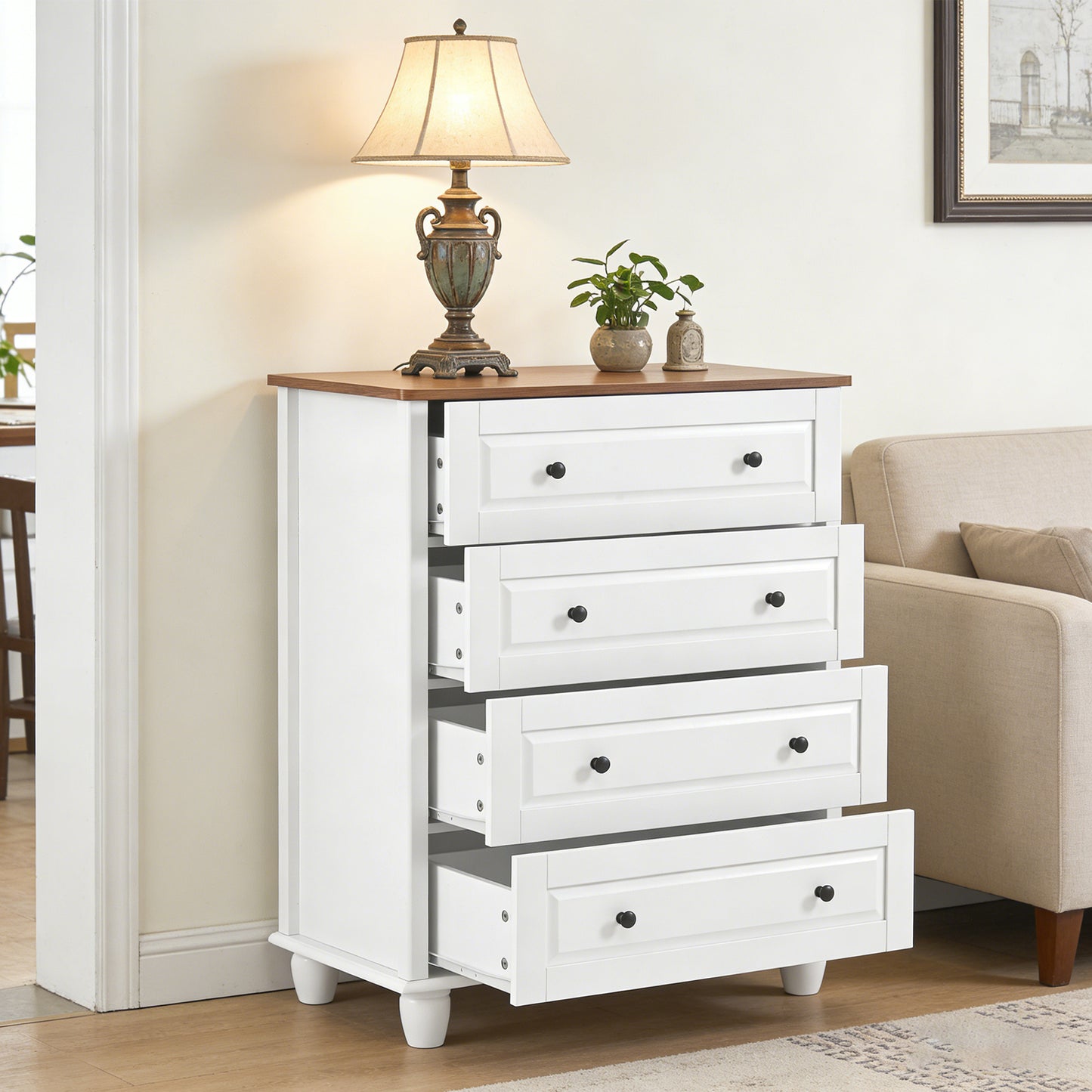 Modern Dresser With 4 Drawers Painting Crafts Cabinet 36.7in Height 4 Chest Of Drawers Solid Wood Closet Organizers And Storage Cabinet For Bedroom Living Room Hallway White