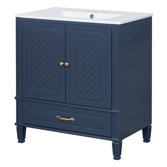 Video  30  Bathroom Vanity With Sink Vintage Style, Multi-functional Storage Space, Door Shelf, Soft-closing Door, Blue