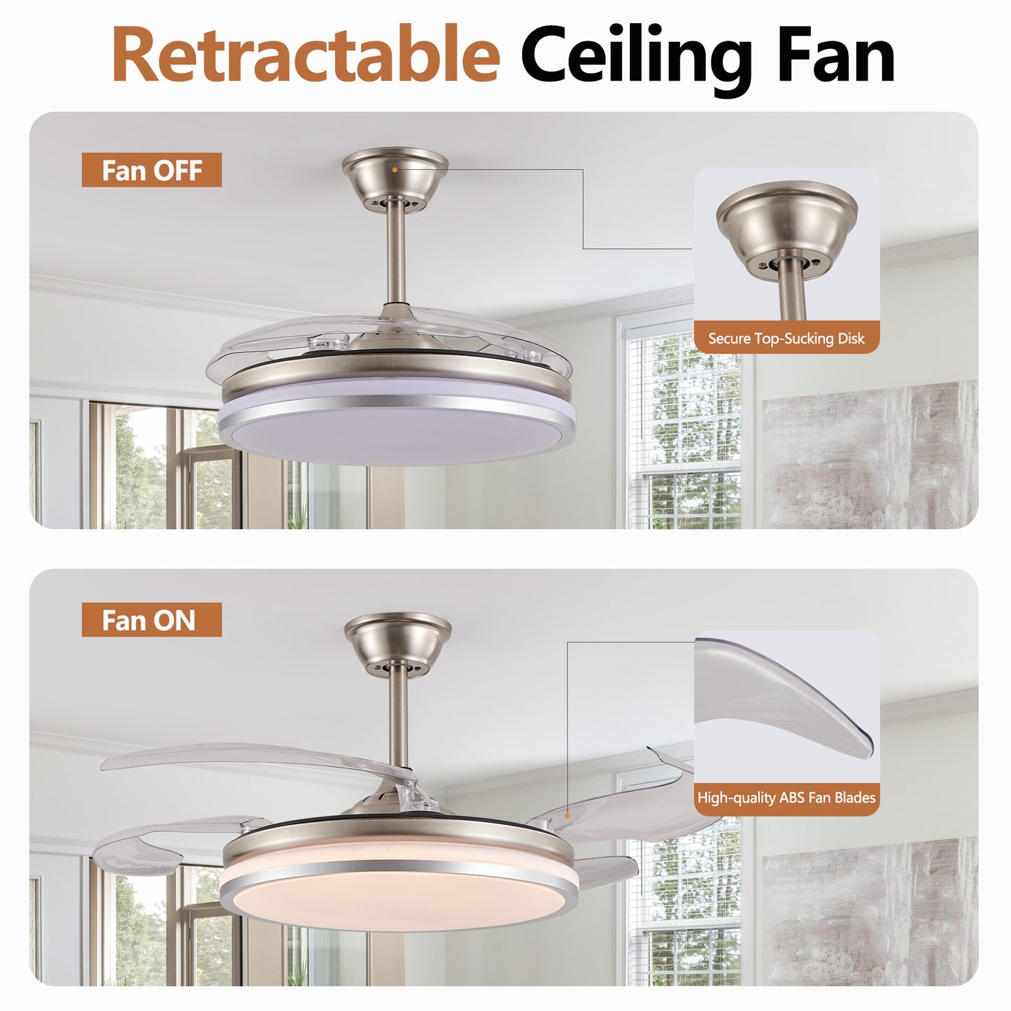 42 Inch 2 Tiers Design Modern LED Ceiling Fan With Light And Remote Control, Retractable Blades, Adjustable 6 Speed, Silent Operation DC Motor For Living Room, Bedroom, Dining Room