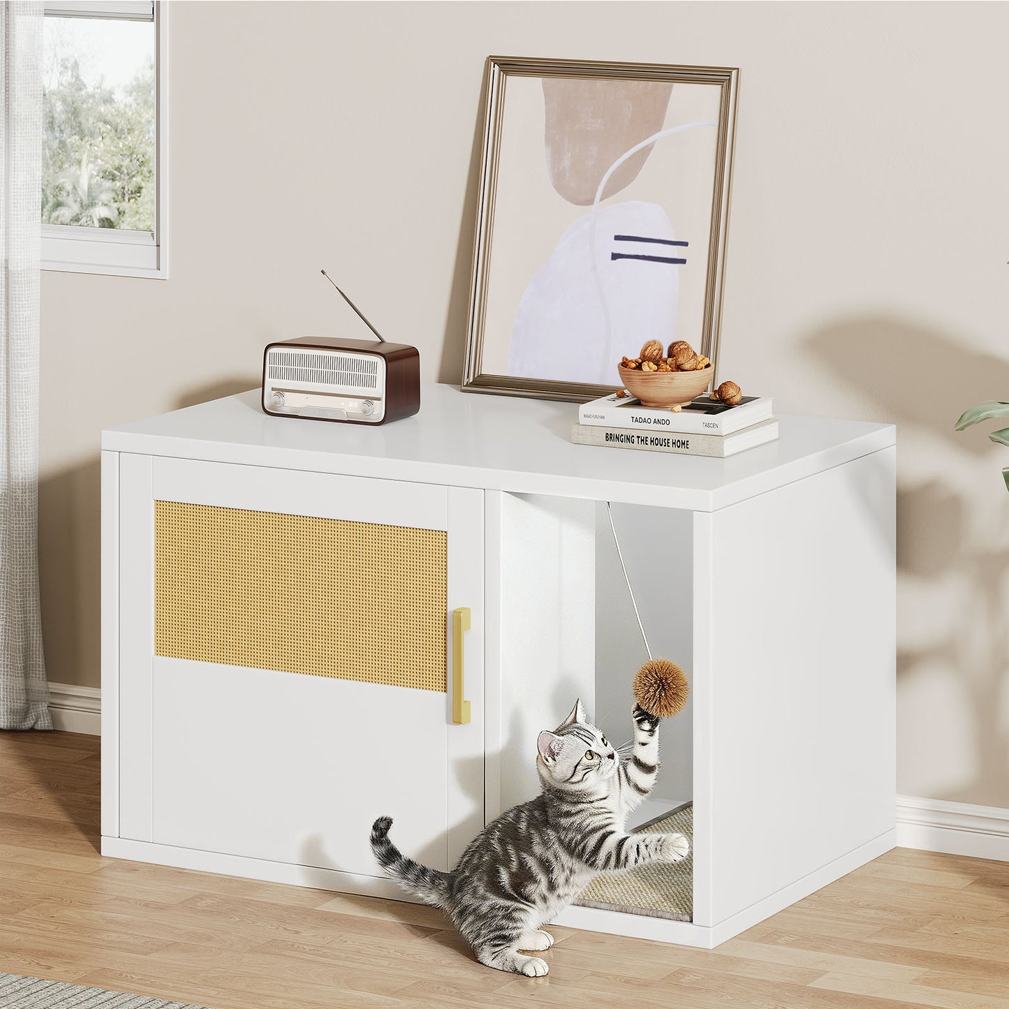 Cat Litter Box Cabinet Multifunctional White Modern Cat House Washroom End Table For Bedroom Living Room