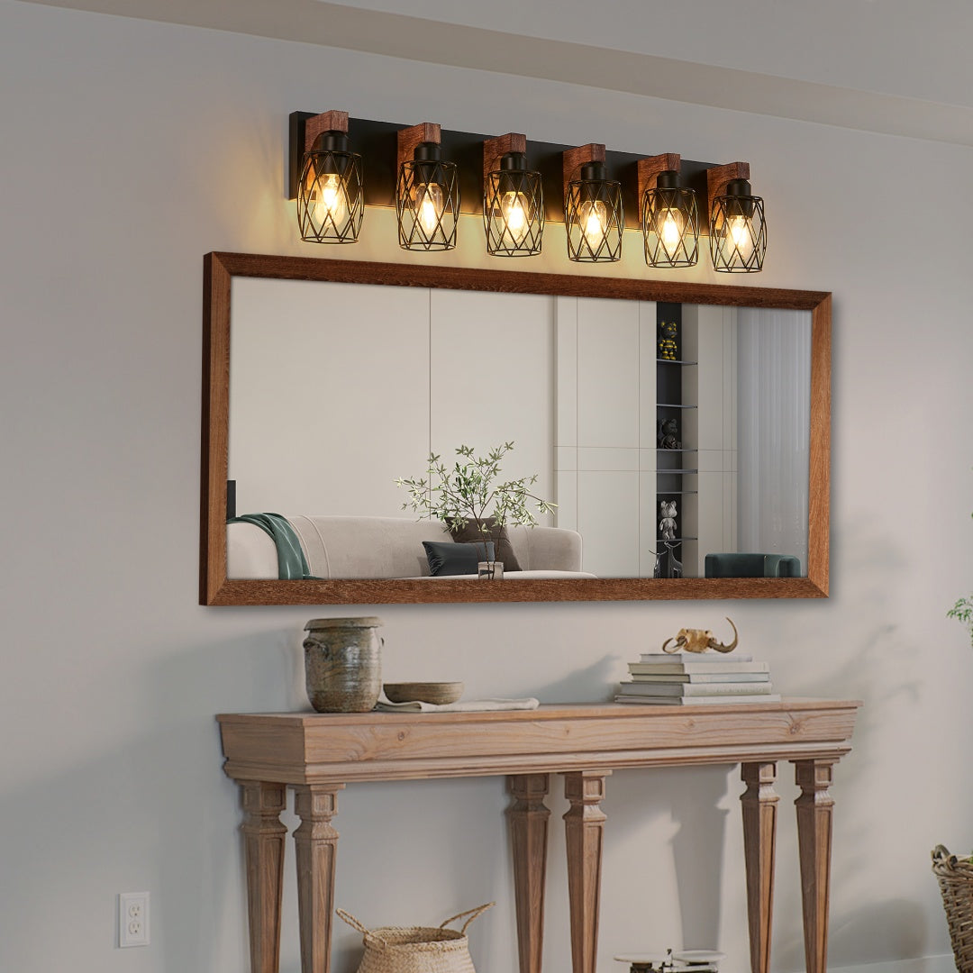 38  Industrial Vintage 6-Light Wall Sconce - Black Cage Wall Lighting Fixture With Wooden Accents For Bathroom, Hallway, Or Living Room Bulb Not Included