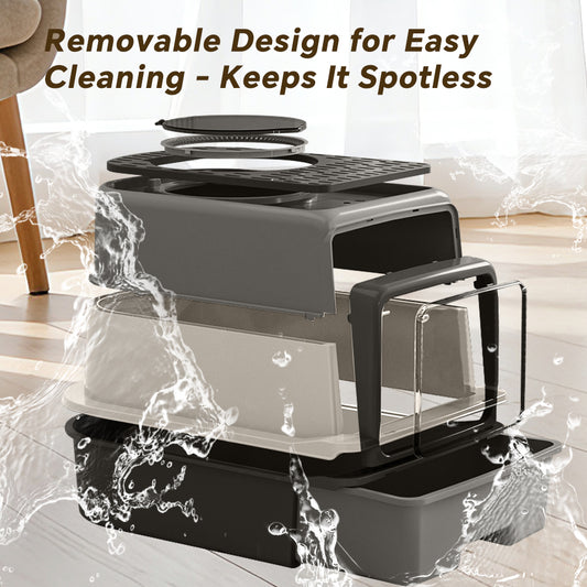 Front Flip Door Dual Opening, Anti-Splashing Anti-Tracking Odor Locking Cat Toilet With Free Scoop & Deodorant Pack