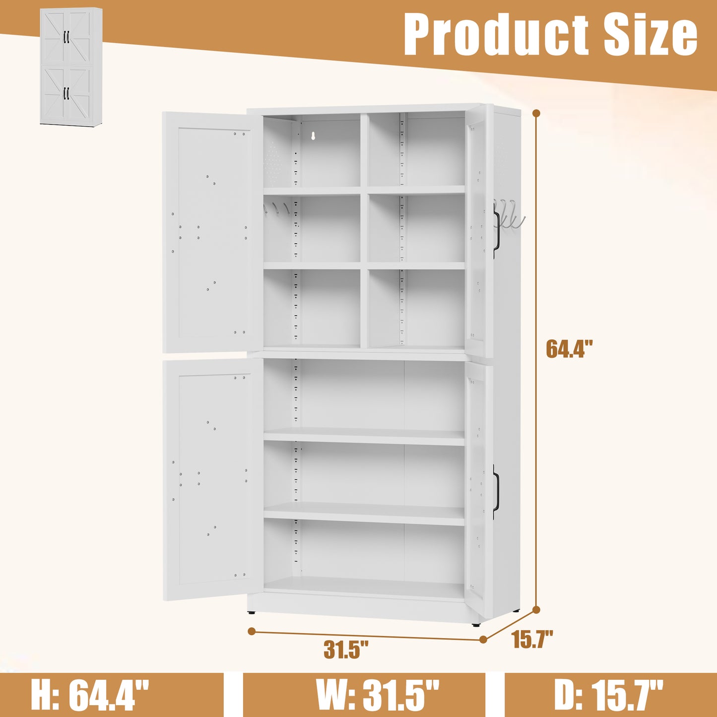 White Steel Kitchen Pantry Storage Cabinet With Adjustable Shelves, Heavy-duty Country Cabinet For Kitchens, Bathrooms And Living Rooms
