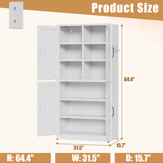 White Steel Kitchen Pantry Storage Cabinet With Adjustable Shelves, Heavy-duty Country Cabinet For Kitchens, Bathrooms And Living Rooms