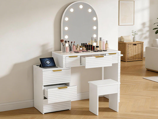 Makeup Vanity Desk With Mirror Lights Glass Tabletop 3 Lighting Modes Adjustable Vanity Table Modern Makeup Desk With Chair Power Outlet And 6 Drawers For Bedroom