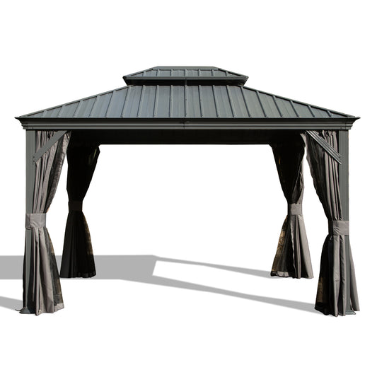 12  X 14  Hardtop Gazebo, Upgraded Metal Gazebo With Drainage System, Dual-Layer Galvanized Steel Roof, Curtain And Netting, Outdoor Shelter Canopy For Patio, Garden, And Backyard, Grey