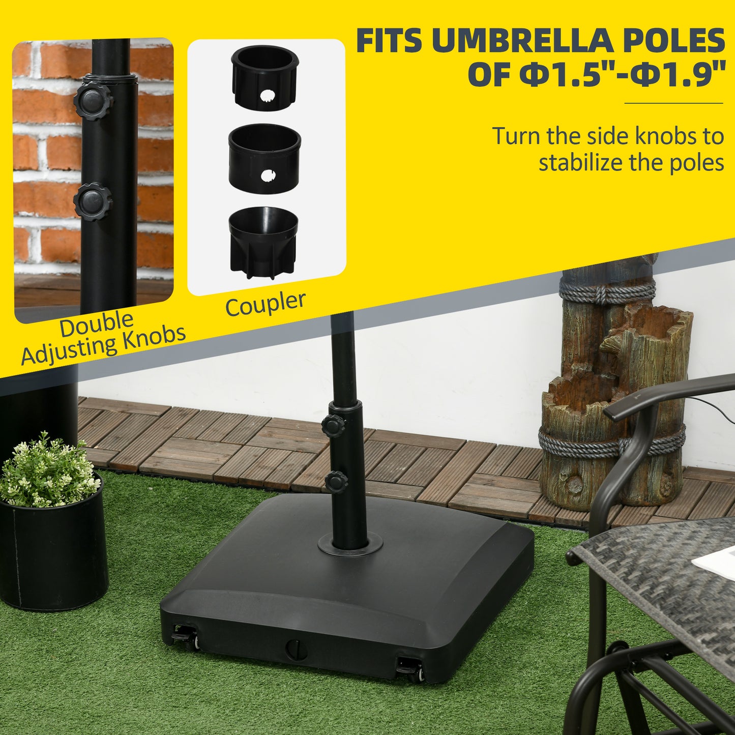 Patio Umbrella Base With Wheels, 53lbs Water Or 66lbs Sand Filled, Heavy Duty Outdoor Umbrella Stand Holder, Black