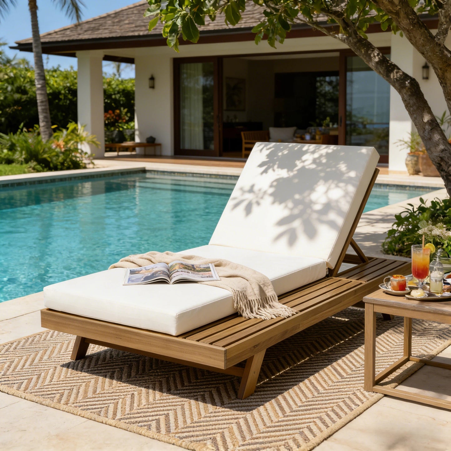 Lounge Chaise Set, Space Available On One Side, Acacia Wood In Light Brown With Water-Resistant Lounge Cushions  Cream & 4 Inch Thick   Matching Dark Grey Version Available