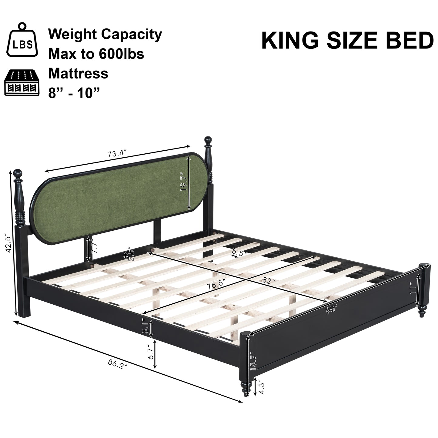 King Bed Frame, Solid Wood Platform With Slats, Modern Green & Black Bedroom Furniture, No Box Spring Needed