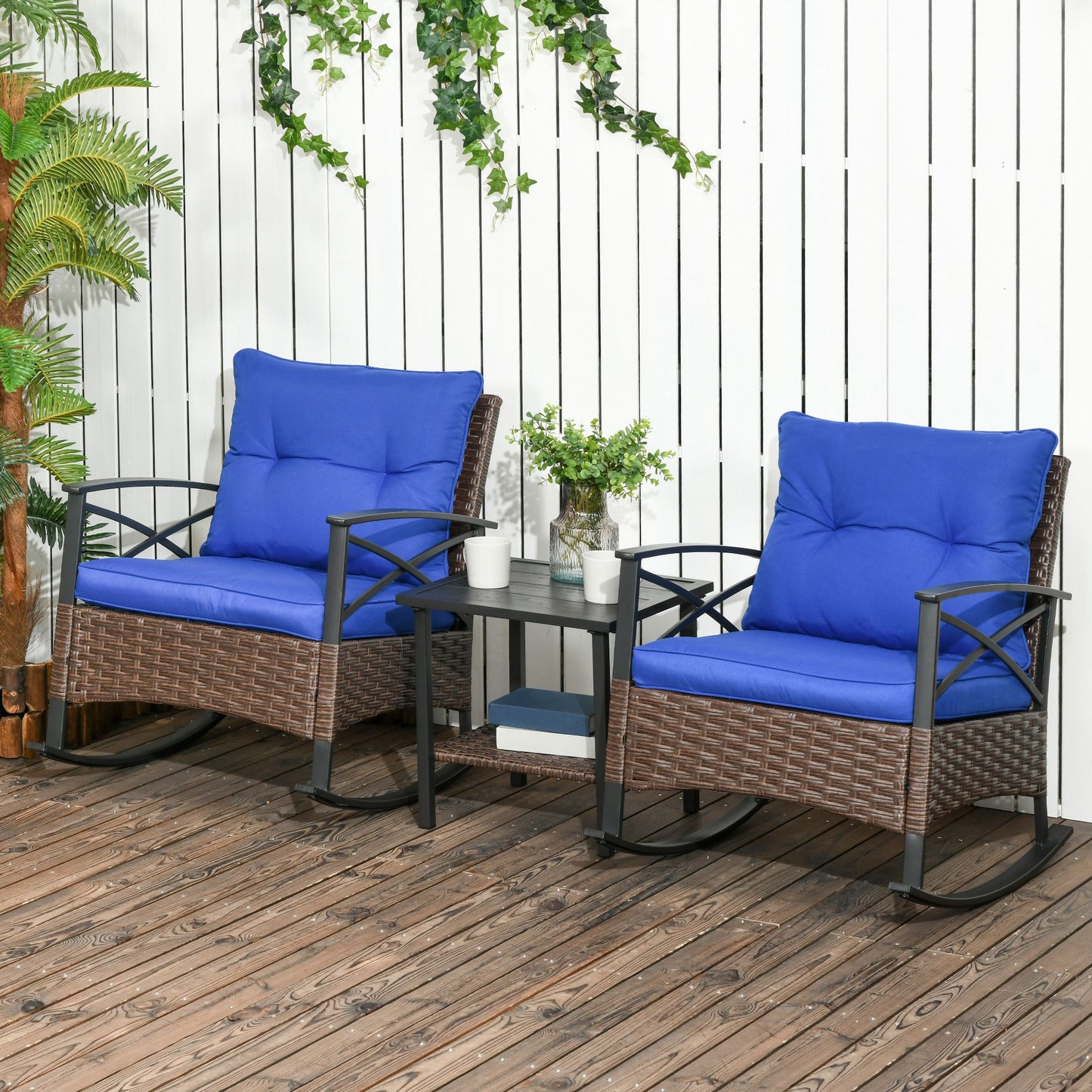 3 Piece Patio Rocking Chair Set, Outdoor Wicker Bistro Set With 2 Oversize Cushioned Porch Rockers And 2 Tier Coffee Table For Garden, Porch, Backyard, Blue