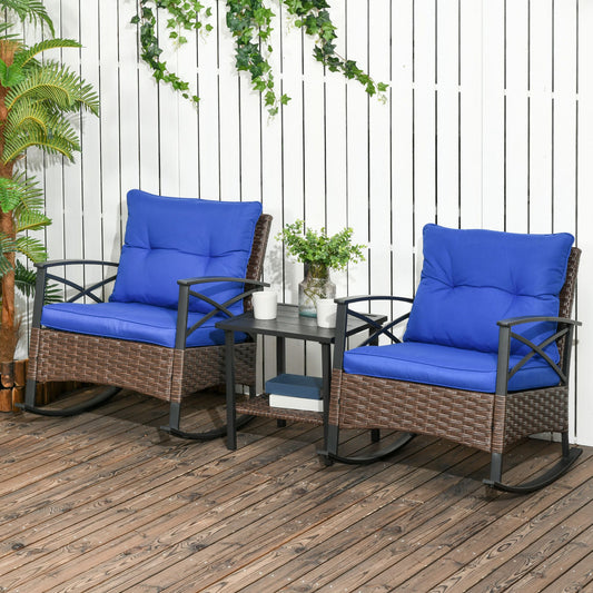 3 Piece Patio Rocking Chair Set, Outdoor Wicker Bistro Set With 2 Oversize Cushioned Porch Rockers And 2 Tier Coffee Table For Garden, Porch, Backyard, Blue