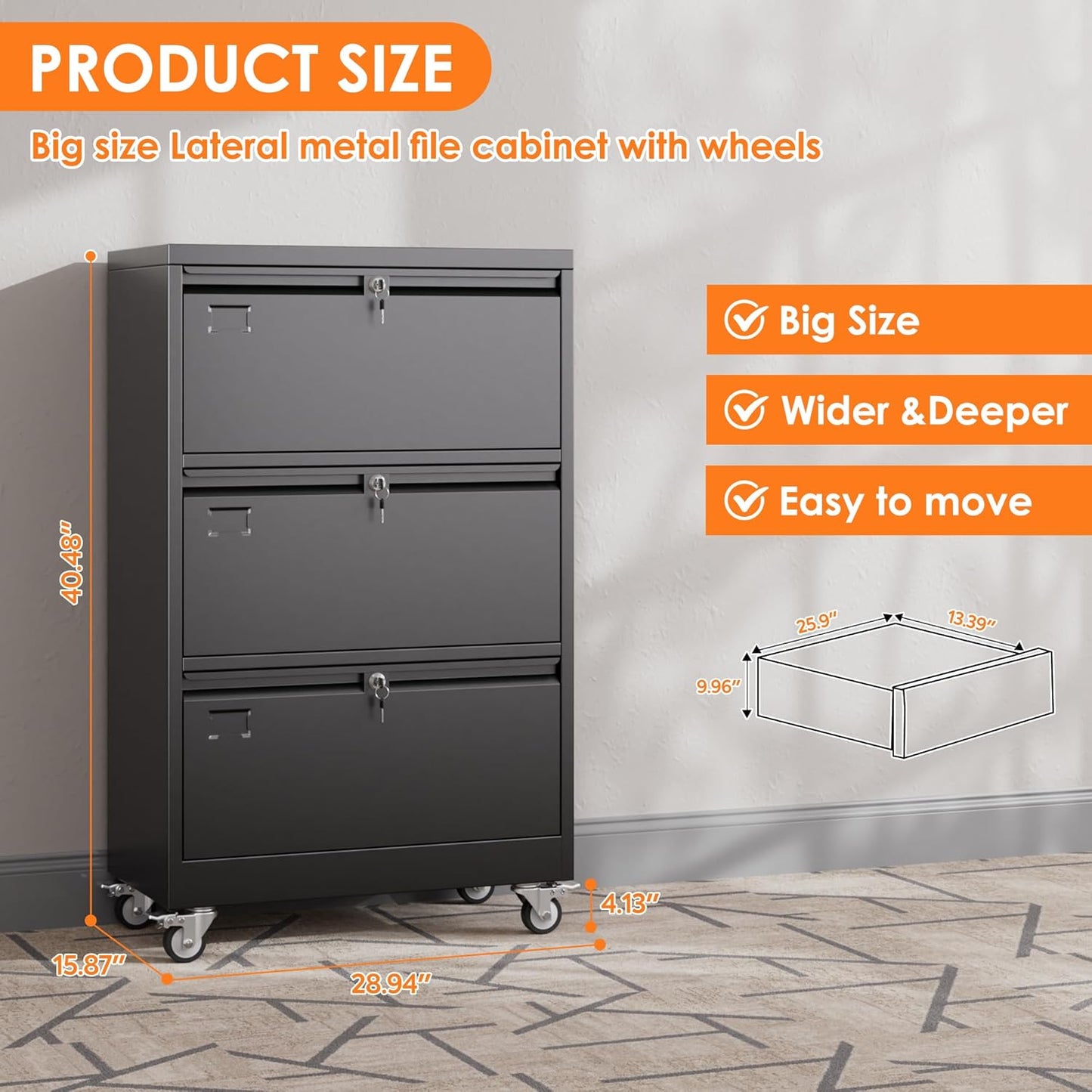 Aobabo 3 Drawer Lateral File Cabinet With Wheels,Metal Filing Cabinet With 3 Lock, For Home Office School Hanging Files Letter Legal F4 A4 Size, Assembly Required, Black