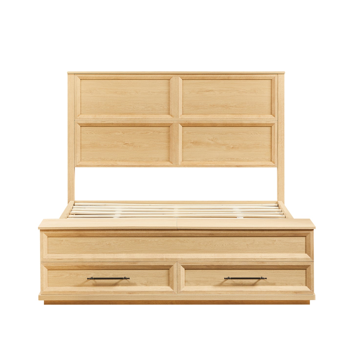 Queen Size Bed With 3D Geometric Headboard & Storage Bench - 4-Drawer Storage, Modern Bedroom Furniture,Oak.