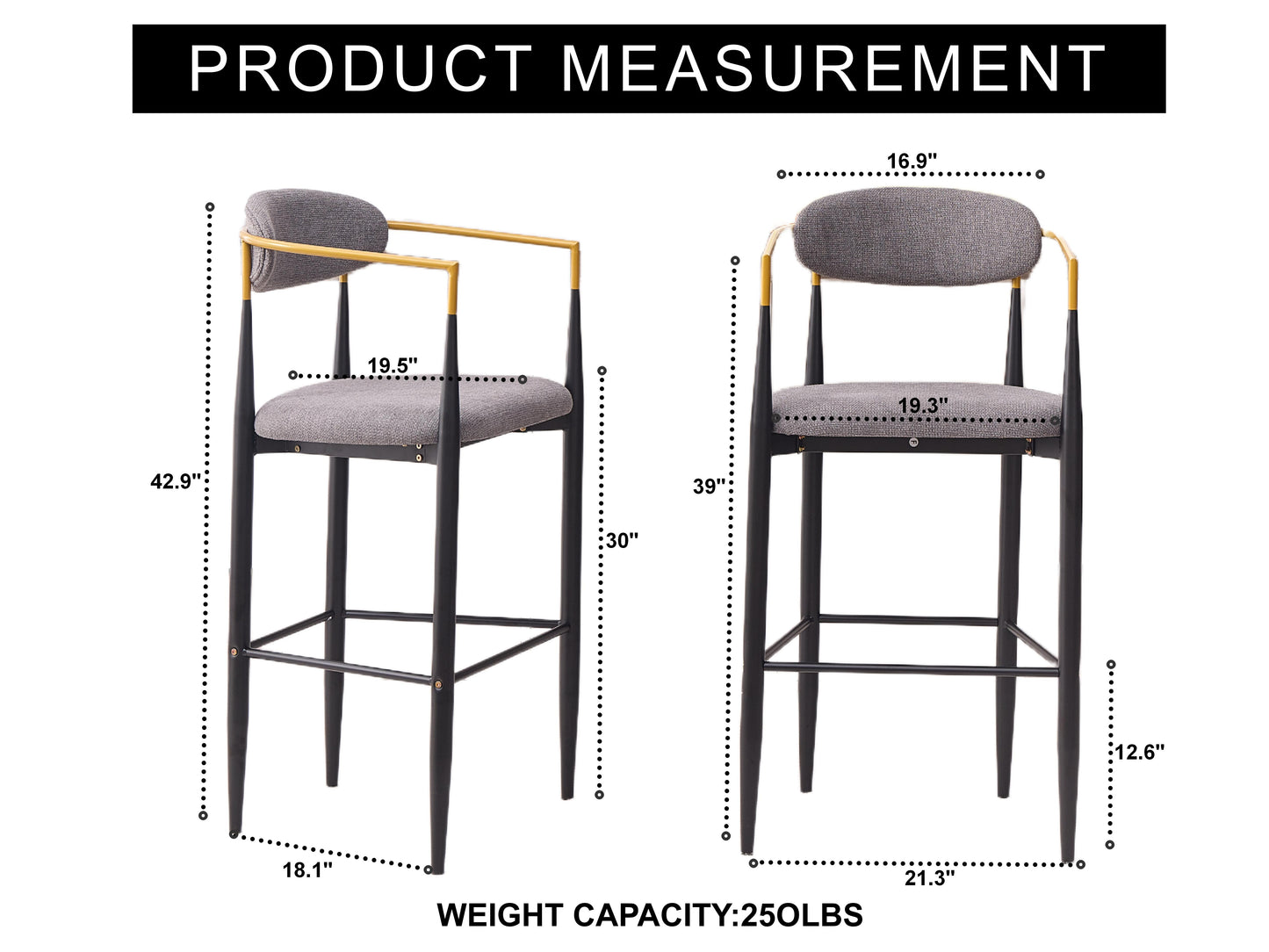 Modern Upholstered Bar Stool With Gold-Accented Armrests - 23 Seat Height,Ergonomic Design For Kitchen Island Or Dining Counter Use,Set Of 2 - Grey Fabric & Black Metal Frame