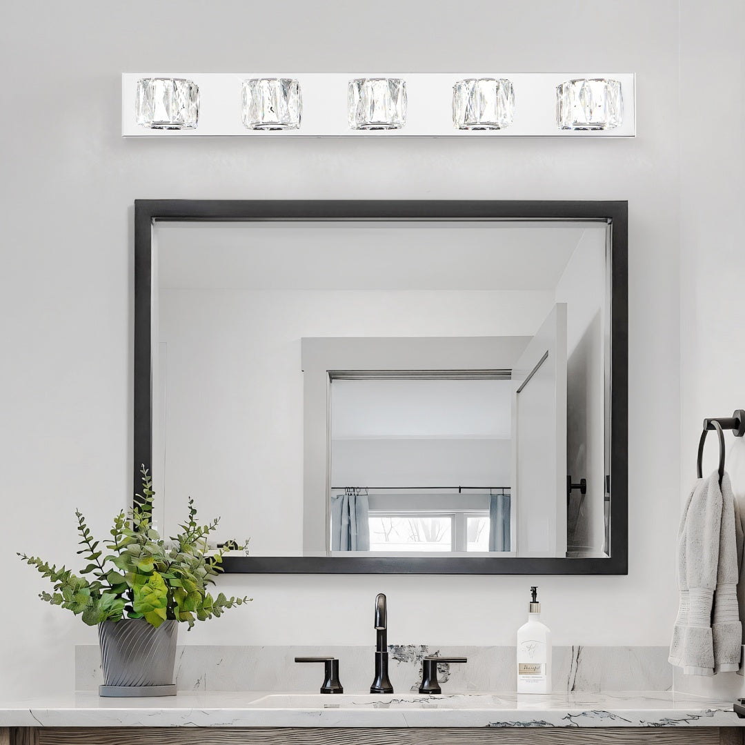 35  Modern Crystal 5-Light LED Wall Sconce -Elegant Chrome Bathroom Vanity Light With Clear Crystal Shades For Bathroom, Bedroom, Or Hallway