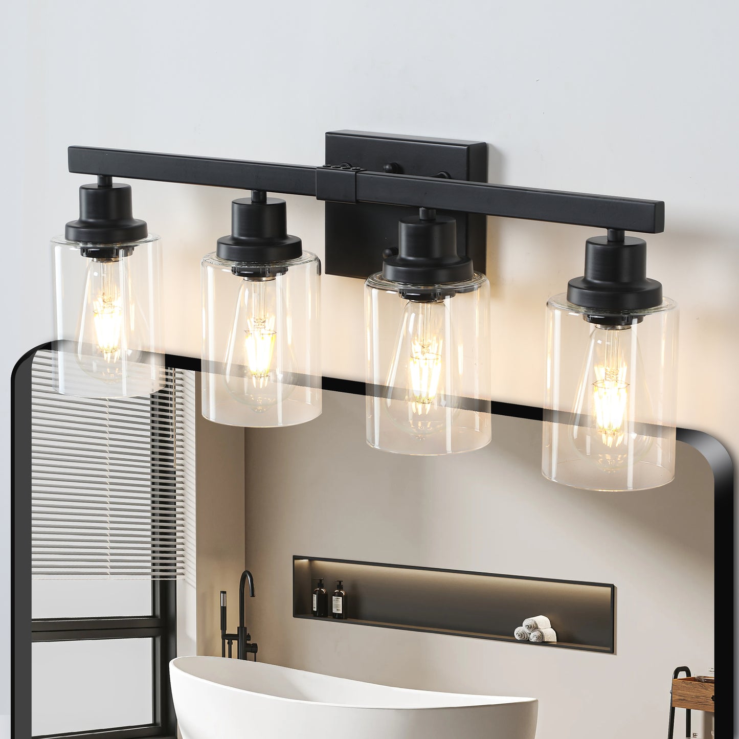24 Modern Black 4-Light Bathroom Vanity Light Fixture, Industrial Wall Sconce With Clear Glass Shades For Mirror, Bathroom, Bedroom, And Hallway No Bulbs