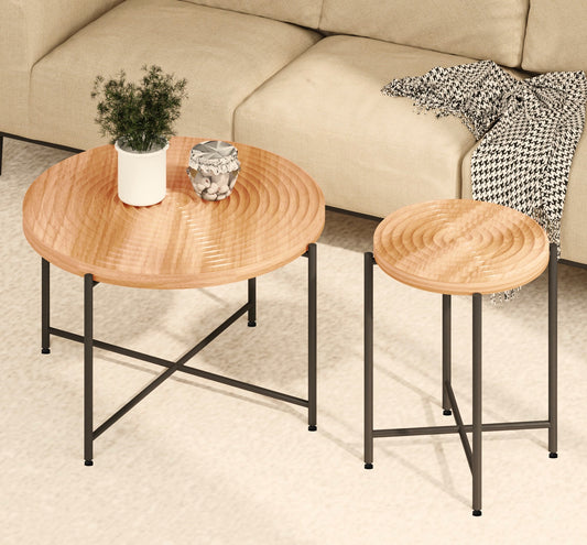 2-Piece Coffee And End Table Set -Waterproof MDF With PVC Cover, Distressed Cylindrical Design, Black Metal Legs -Classic Rustic Charm, Red Cedar-Brown