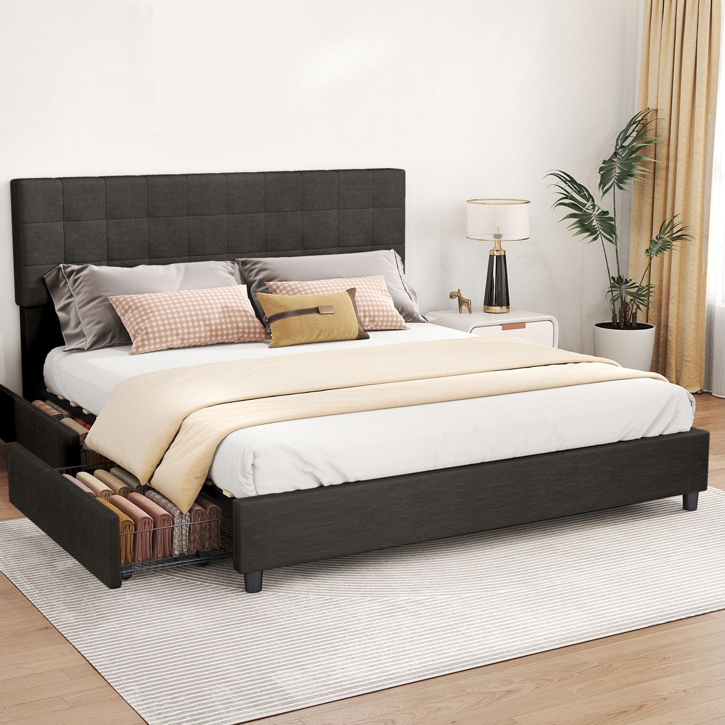 King Size Bed Frame Upholstered Vertical Channel Headboard Bed Frame With 4 Storage Drawers Wood Slats No Box Spring Needed Easy Assembly For Bedroom
