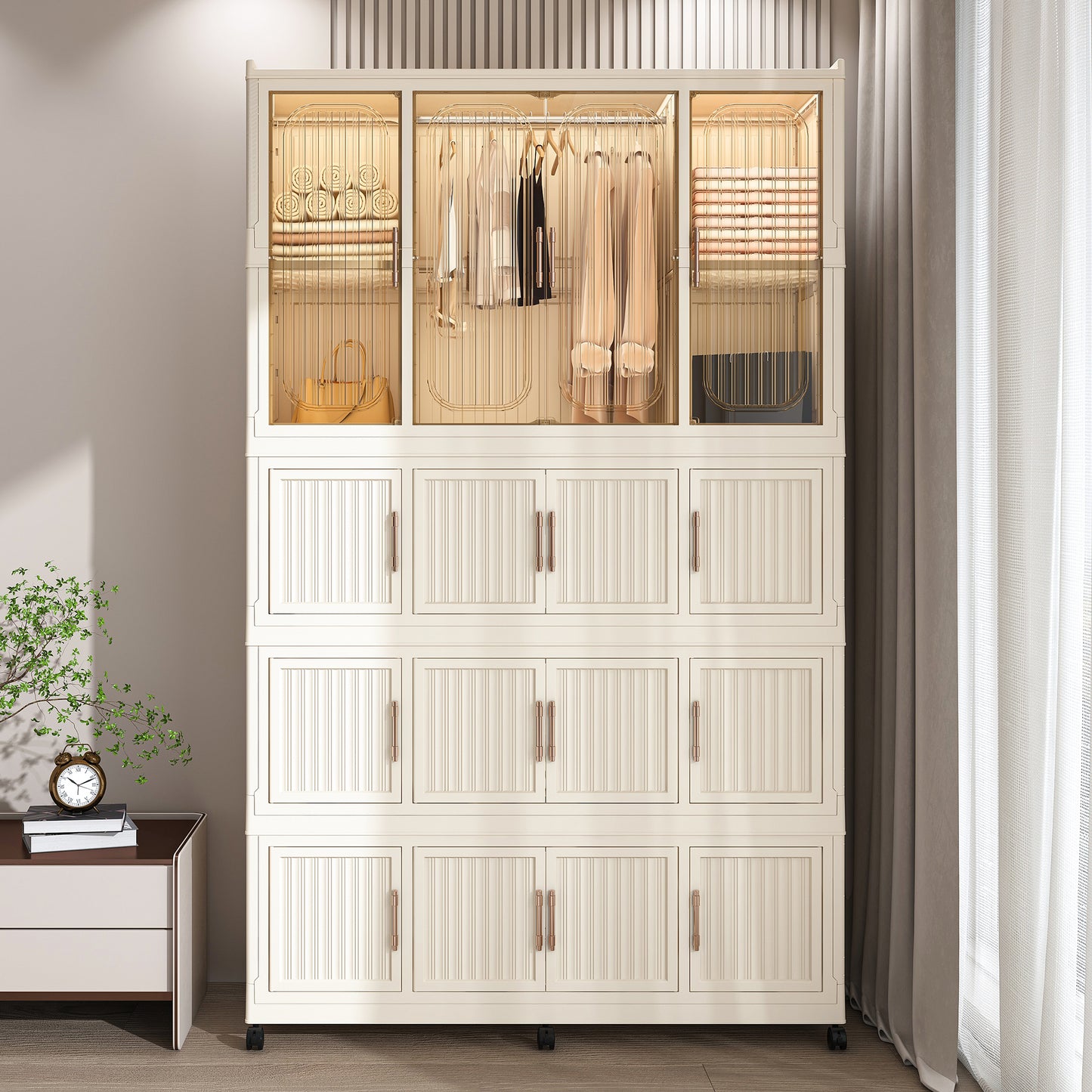 Portable Wardrobe Closet Storage Organizer For Clothes,Clothes Dresser,17 Magnetic Doors-17 Cubes & 1 Hanging Rod,6 Pcs Hangers , Baby Wardrobe Storage Cabinet,White