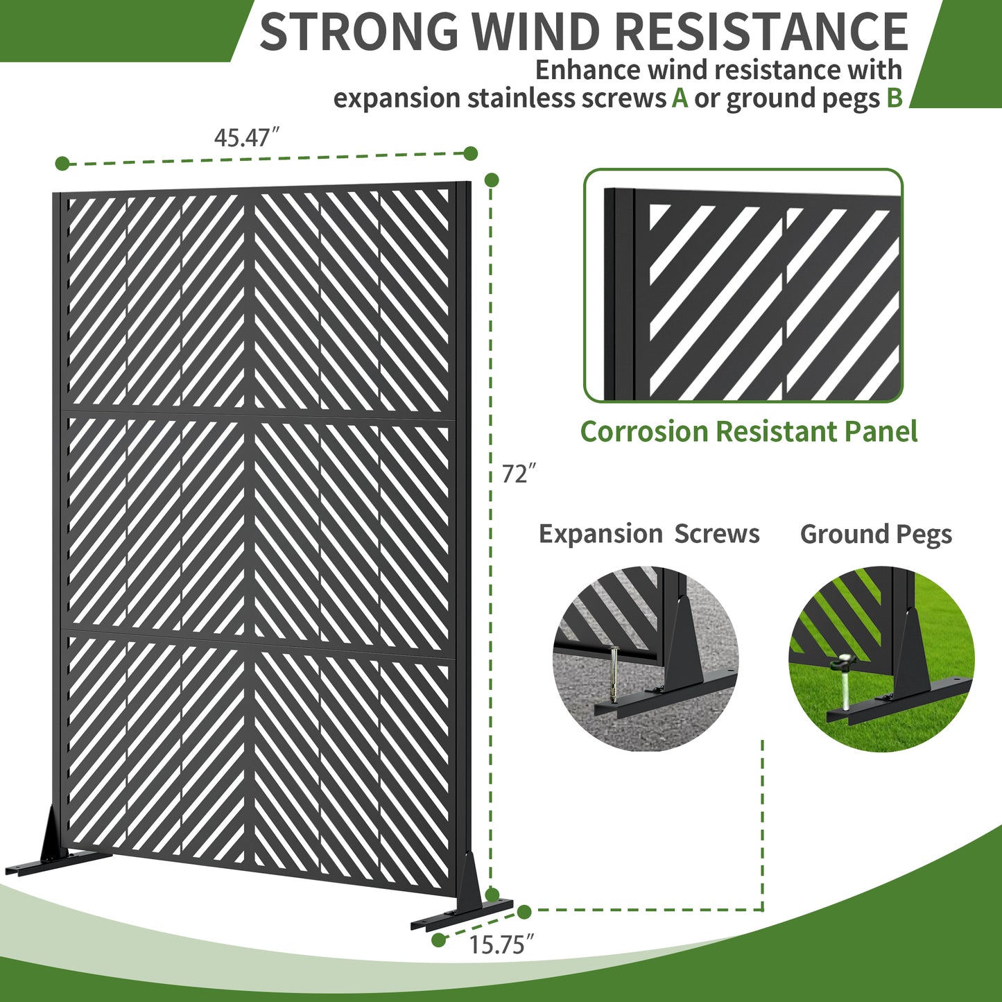 Metal Privacy Screen For Outdoor Freestanding, 72 H X 46 W Decorative Metal Fence Panels With Stable Base, Portable Divider Screens For Patio, Deck, Balcony, Backyard, Garden