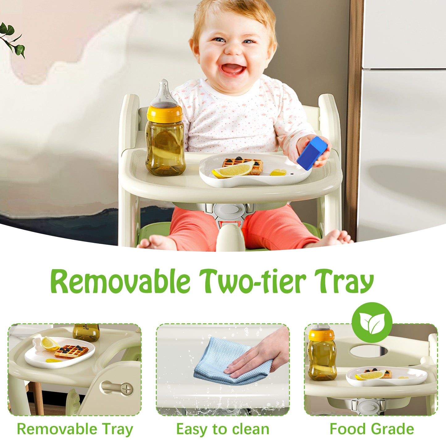 Multi Functional Growing Up Dining Chair,A High Chair Suitable For Eating And Feeding,Adjustable Height Toddler Tower,Use Five-point Seat Belts And A Movable Large Dinner Plate Green